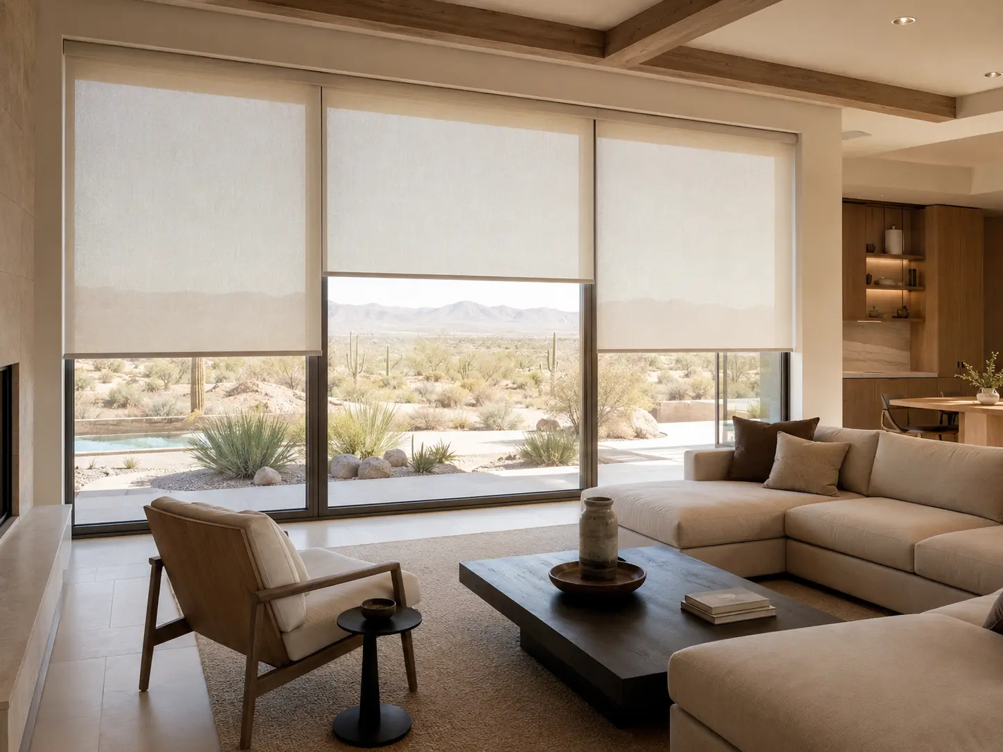 Modern Las Vegas great room with minimal roller shades