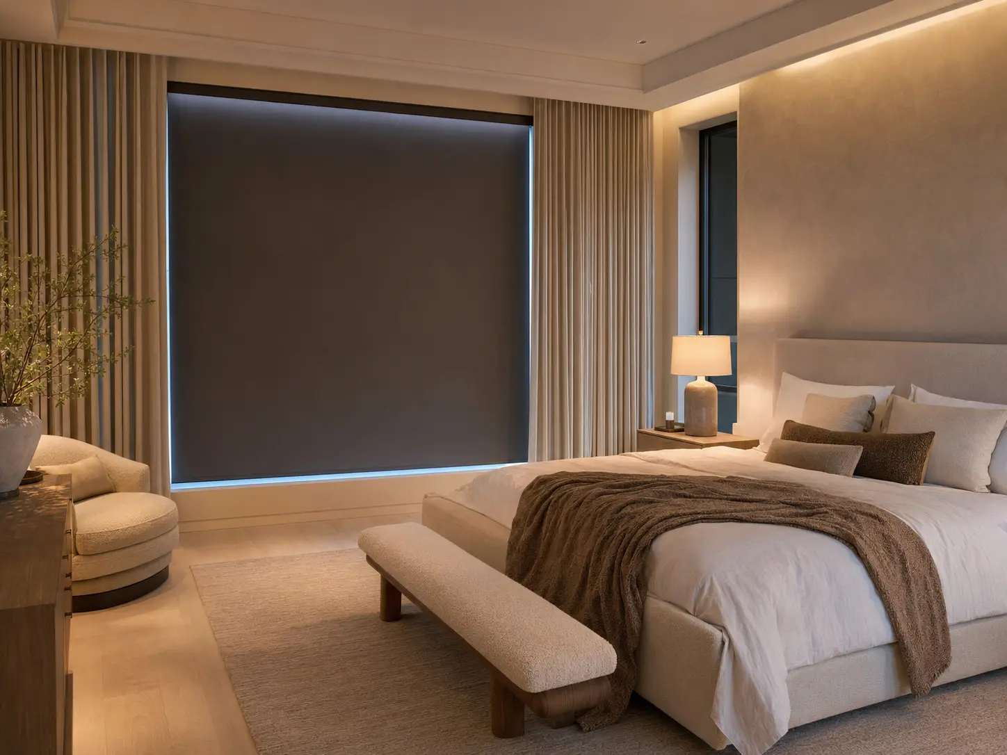 Bedroom with blackout roller shade and layered drapery