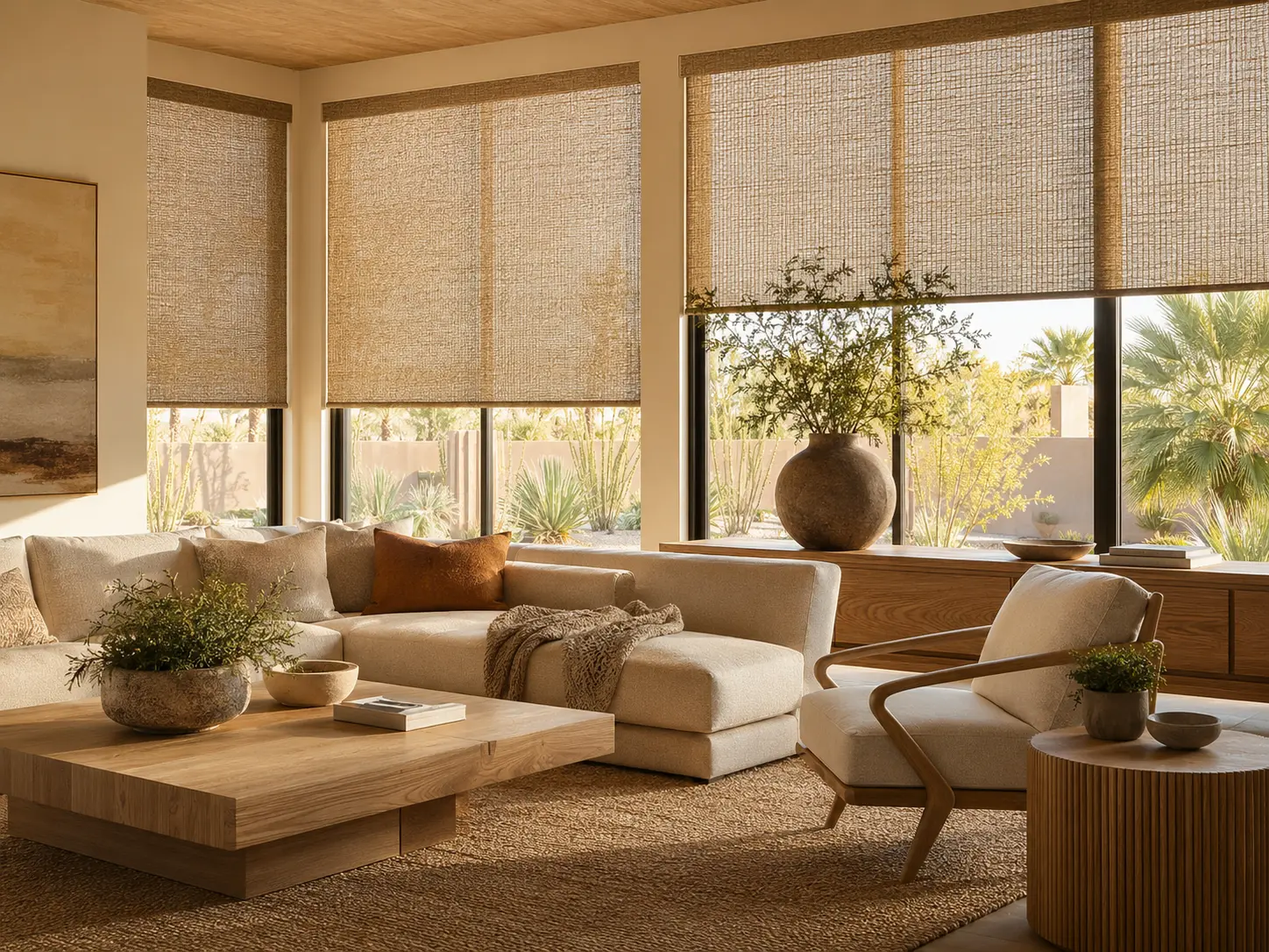 Warm living room with textured shades and natural materials